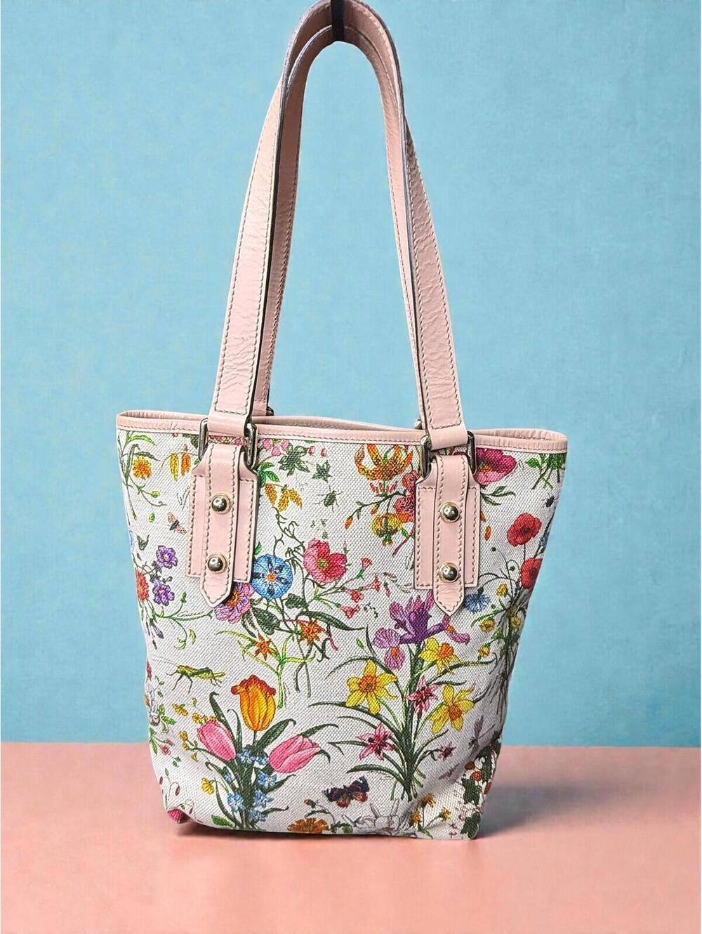 Gucci Authentic Vintage Flora Botanical Canvas Mini Tote Bag - Pink Trim - Picture 2 of 11